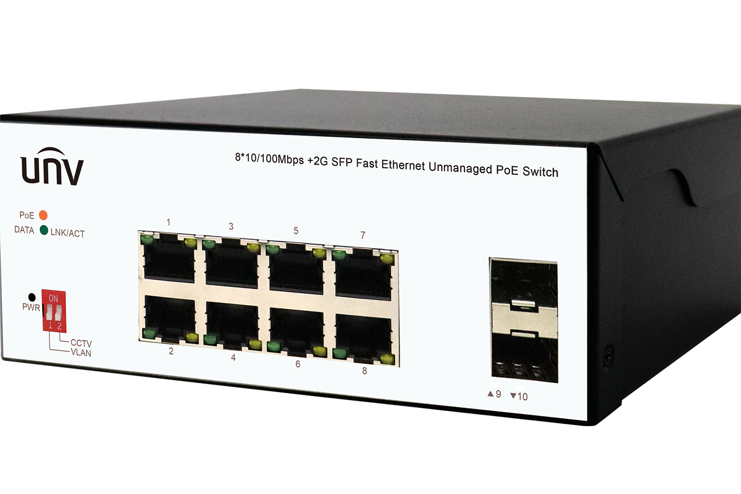 8 PoE პორტიანი სვიჩი 2 გიგაბიტი SFP აპლინკით(კვების ბლოკით)